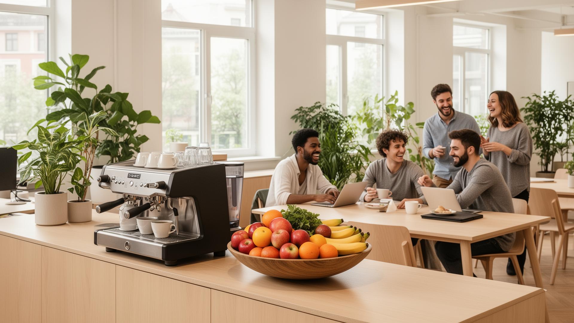 Modernt coworking-kontor med kaffemaskin och frukt